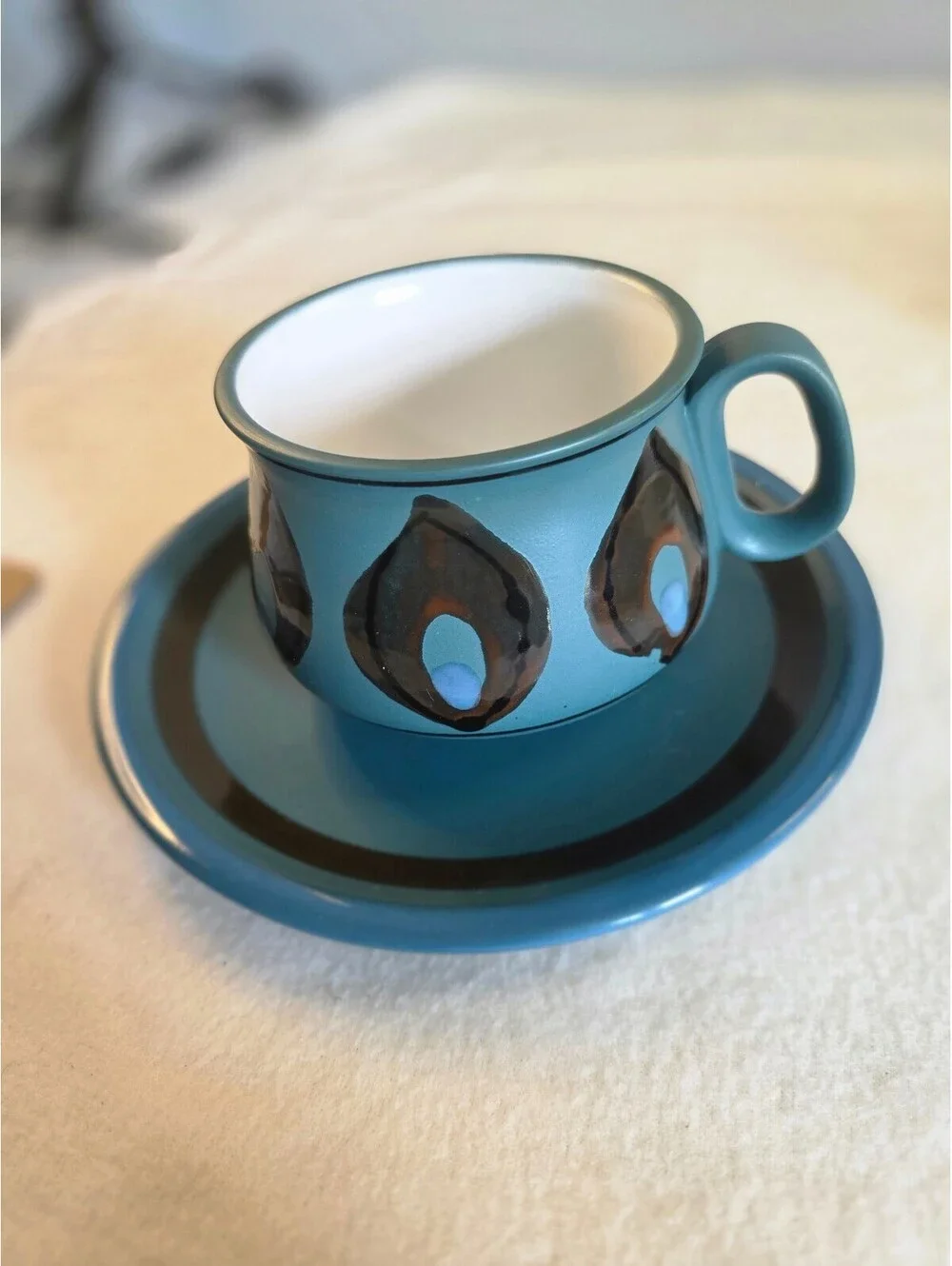 Vintage Jonas Roberts Stoneware Teal Blue Cup Saucer Set of 2 Mid Century
